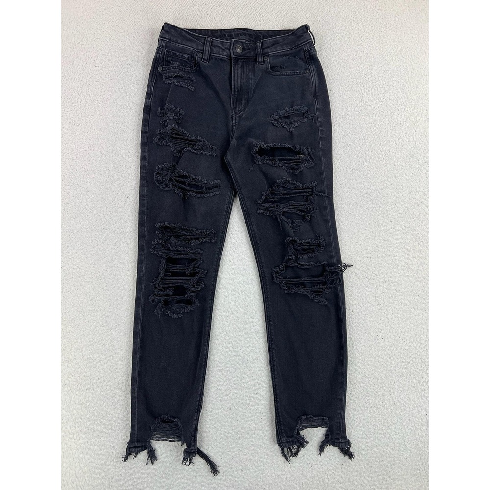 American Eagle Mom Jeans Womens 4 Black Charcoal Wash High Rise Distressed Denim